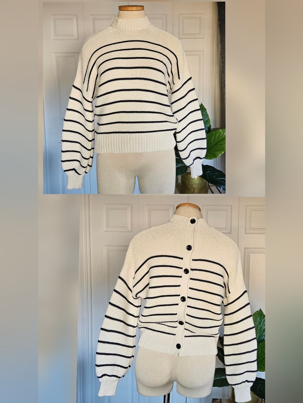 Alex Mill Striped Button Back Sweater Ivory  Reversible Cardigan Chunky Knit S